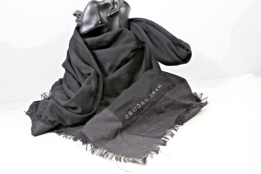 Marc Jacobs Black Logo Fringed Large Wrap Scarf Shawl Lightweight 60 x 48